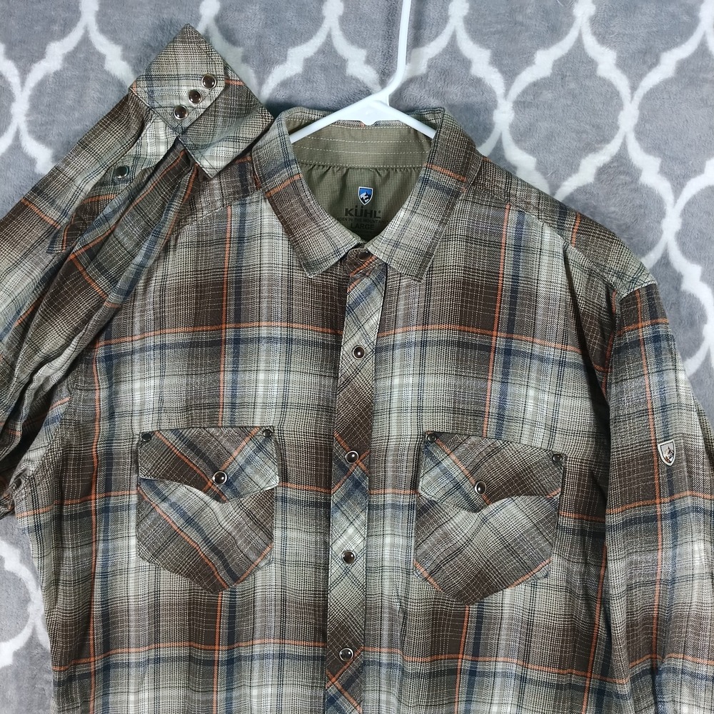 KUHL Lowdown Flannel‎ Shirt Men Large Brown Tan Plaid Pearl Snap Outdoor